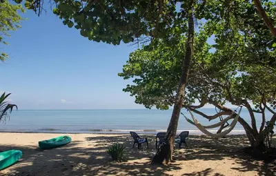 a beach with chairs and a tree and the ocean at Villa Frente al mar en el Calao, San Antero in Calao