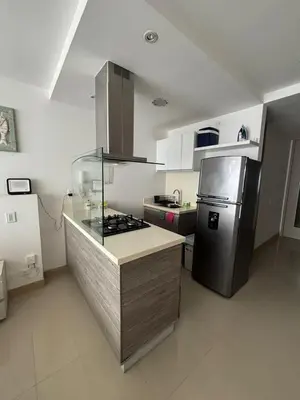 a kitchen with a stainless steel refrigerator and a stove at Apto con playa, hotel y piscina in Santa Marta