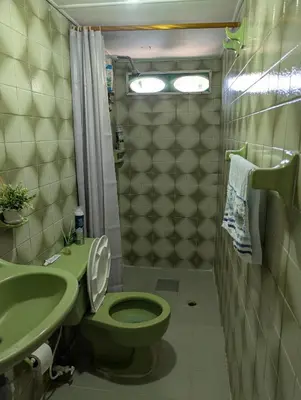 a bathroom with a green toilet and a sink at English power Exotic point in Barranquilla