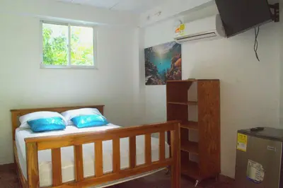 a bedroom with a bed with blue pillows and a window at Mango Tree Island 420 in Tierra Bomba