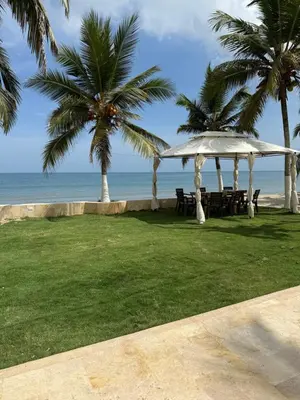 a picnic area with palm trees and the ocean at Cabaña Aledan in Coveñas