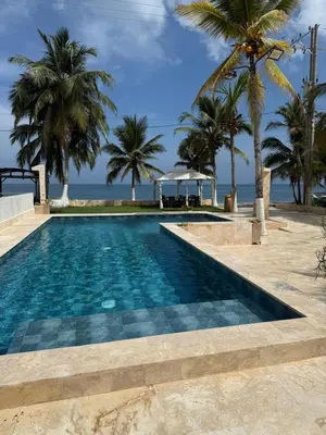 a swimming pool with palm trees and the ocean at Cabaña Aledan in Coveñas