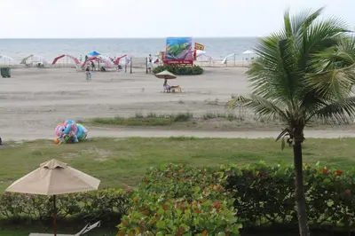a beach with a playground and a palm tree at Espectacular apartamento morros 3 in Cartagena de Indias
