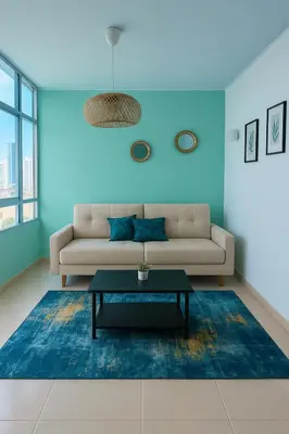 a living room with a couch and a table at Tu Casa con Vista al Mar , Laguito-Bocagrande in Cartagena de Indias
