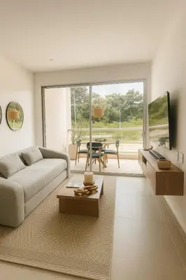 a living room with a couch and a table at Apto de Ensueño en aguas cristalinas Baía Kristal in Cartagena de Indias