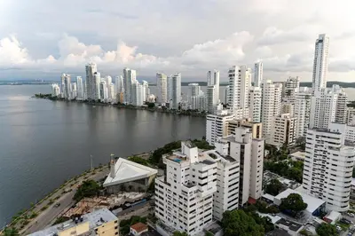 an aerial view of a city with tall buildings at Luxury-Ocean view apartment in Bocagrande in Cartagena de Indias