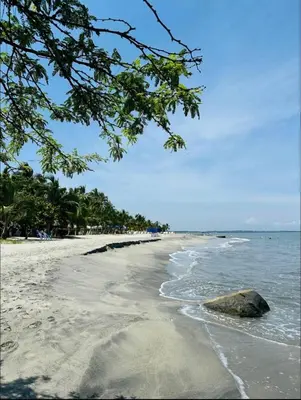 a sandy beach with a rock in the water at Aparta Suite en Santamarina - Escápate al Caribe in Santa Marta