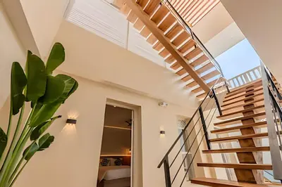 a staircase in a house with a plant at Casa Encanto - Corazón de Getsemaní in Cartagena de Indias