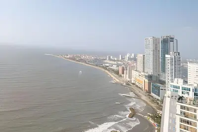 an aerial view of the ocean and a city at Lujoso Apto de 1 Habitación en Piso 40-Morros City in Cartagena de Indias