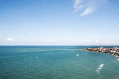 an aerial view of the ocean and a city at Espectacular Apto 1 Hab en Bocagrande - 2504 in Cartagena de Indias
