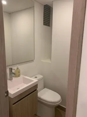 a bathroom with a toilet and a sink and a mirror at Oceani Towers 1006 in Cartagena de Indias