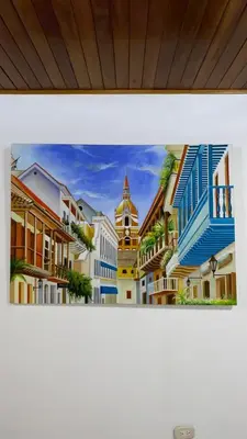 a painting of a city street with a clock tower at GUILLOTE Comfort Loft in Cartagena de Indias