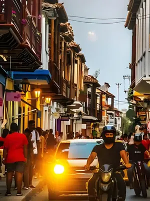 a man riding a motorcycle on a city street with a car at Luxury Duplex Retreat, Aldaba Selection in Cartagena de Indias