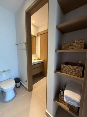 a bathroom with a toilet and a sink at Vista a la laguna - Baia Kristal in Los Arrayanes