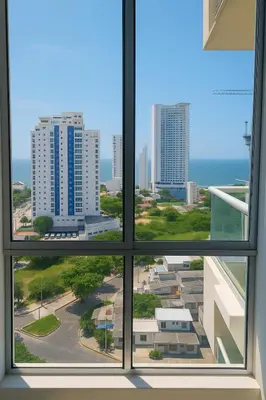 a view of a city from a window at Beach Veronica Luxury Ocean View Apartment in Cartagena de Indias