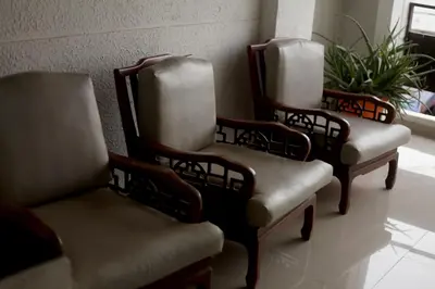three chairs sitting in a room with a plant at Hotel San Marcos Barranquilla in Barranquilla