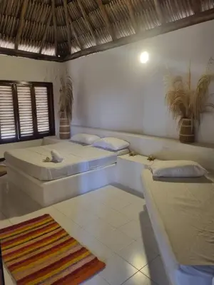 a bedroom with two beds and a rug at Hostal nido tortuga in San Antero