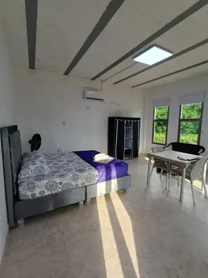 a bedroom with a bed and a table and windows at Apartaestudio en Tierra Bomba in Isla de Tierra Bomba