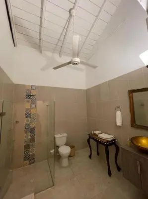 a bathroom with a toilet and a ceiling fan at Casa Heredia Boutique in Cartagena de Indias