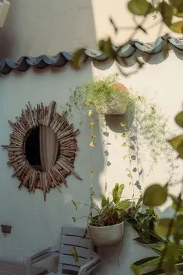 a mirror on the side of a wall with plants at Casa Heredia Boutique in Cartagena de Indias