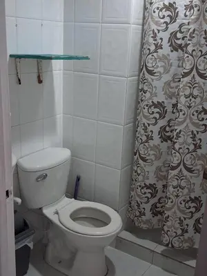 a bathroom with a toilet and a shower curtain at La perla in Cartagena de Indias