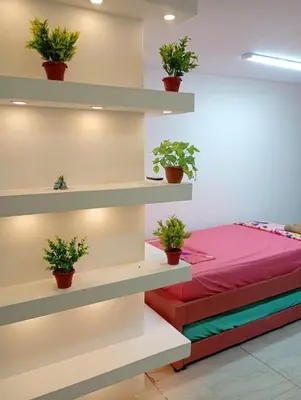 a room with a bed and potted plants on shelves at La Escalera de Getsemani in Cartagena de Indias