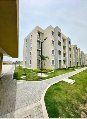 a row of apartment buildings with palm trees in front at Apartamento Cartagena Tranquilo playa-piscina in Manzanillo del Mar