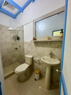 a bathroom with a toilet and a sink and a shower at Cozy duplex at Cartagena City Center in Cartagena de Indias