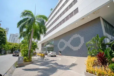 a building with a palm tree next to a street at I bedroom infinitum view 32nd floor in Cartagena de Indias