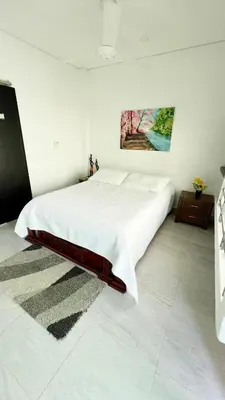a white bedroom with a large bed and a painting on the wall at Hotel Zoe in Sampués