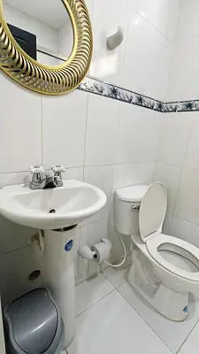 a bathroom with a sink and a toilet and a mirror at Hotel Zoe in Sampués