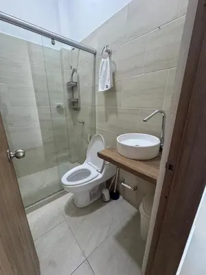 a bathroom with a toilet and a sink and a shower at Palo Rosa Caribe 202 in Coveñas