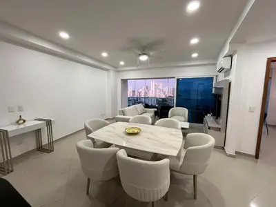 a dining room with a table and chairs at New apartment with a beautiful view 2002 in Cartagena de Indias