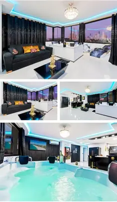 three different views of a living room with a pool at Modern Luxury 2BR with Private Jacuzzi in Cartagena de Indias