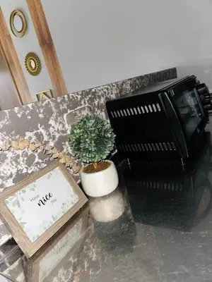 a plant sitting on a counter next to a microwave at cool and quiet apartment in front of the urban forest in Barranquilla