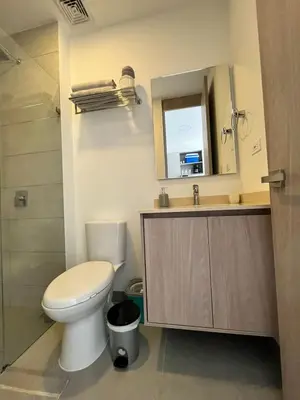 a bathroom with a toilet and a sink and a mirror at Loft cerca a la playa en Santa Marta Wi-Fi- Santa Marina in Santa Marta