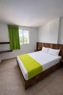 a bedroom with a large bed with a green curtain at Hotel Palma Grande By Origen
