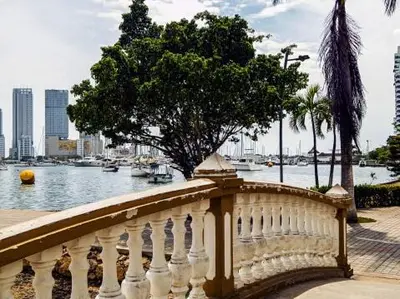a white railing with a tree next to a body of water at Apartamento en Cartagena Manga 3 Habitaciones - Bahia in Cartagena de Indias