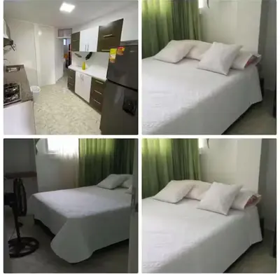 four pictures of a bedroom with two beds and a kitchen at Piezas en arriendo Barranquilla in Barranquilla