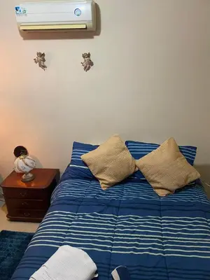 a bedroom with a bed with blue sheets and a heater at hermosa habitacion in Barranquilla