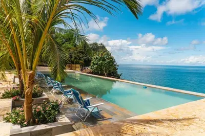 a swimming pool with a palm tree and the ocean at Paradise Private Kaimari Ocean Villa in Cartagena de Indias