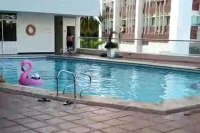 a swimming pool with a pink swan in the middle at Beatifull apartment near Hilton hotel in Cartagena de Indias