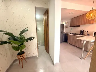 a kitchen with a potted plant in the middle of a room at Hermoso Apartamento con vista al mar in Cartagena de Indias