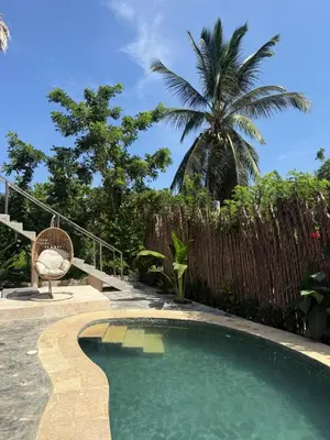 a swimming pool with a chair and a palm tree at Cabaña de Lujo en Isla Fuerte VIP in Isla Fuerte
