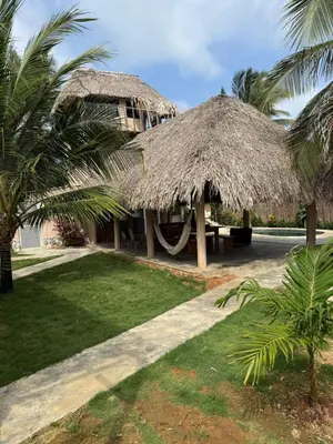 a resort with a thatched roof and palm trees at Cabaña de Lujo en Isla Fuerte VIP in Isla Fuerte