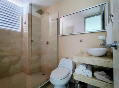 a bathroom with a shower and a toilet and a sink at Apartasuites Amoblados Norte de Barranquilla-Atlantis Suites in Barranquilla