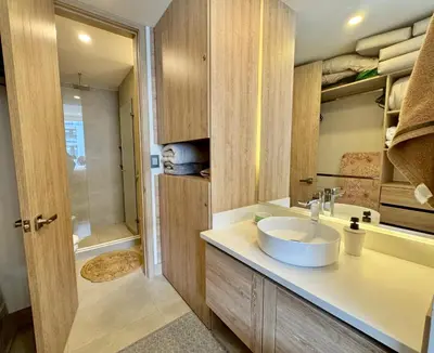 a bathroom with a sink and a shower at Morros Zoe - Ocean View Paradise, Serena Del Mar, Cartagena in Cartagena de Indias