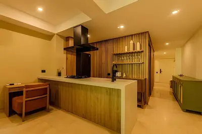 a kitchen with a counter and a counter top at Colonial Elegance in Historic Center /Pool in Cartagena de Indias