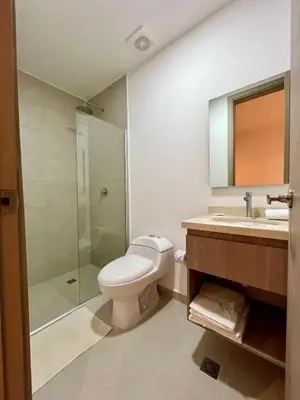 a bathroom with a toilet and a shower and a sink at BQ84 Urban Hotel in Barranquilla
