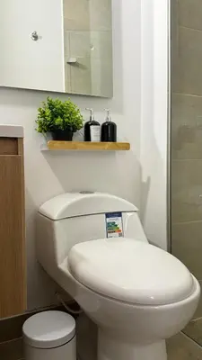 a bathroom with a toilet and a plant on a shelf at Apartamento acogedor y tranquilo cerca del mar in Cartagena de Indias